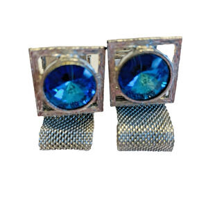 Vintage Blue Rivoli Wrap Cufflinks Large Stones Silvertone Mesh Mid Century Chic